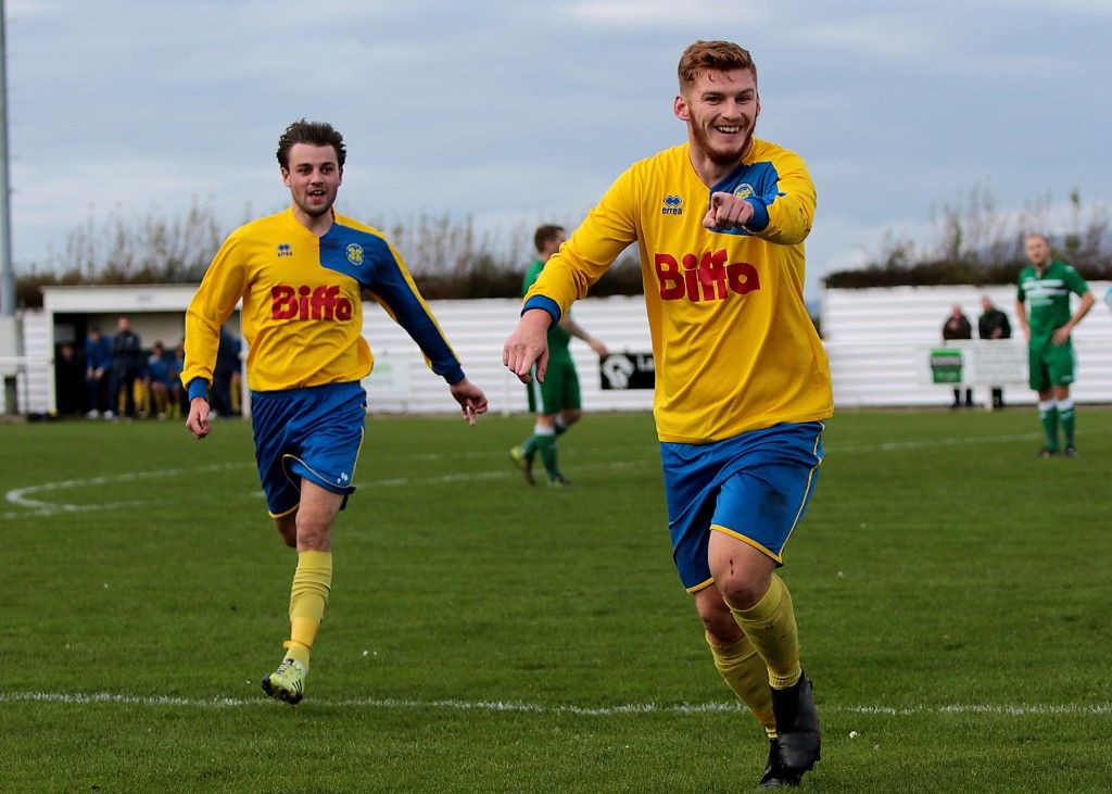 Kallum Hannah celebrates scoring the first goal at Holker Old Boys in the last round.