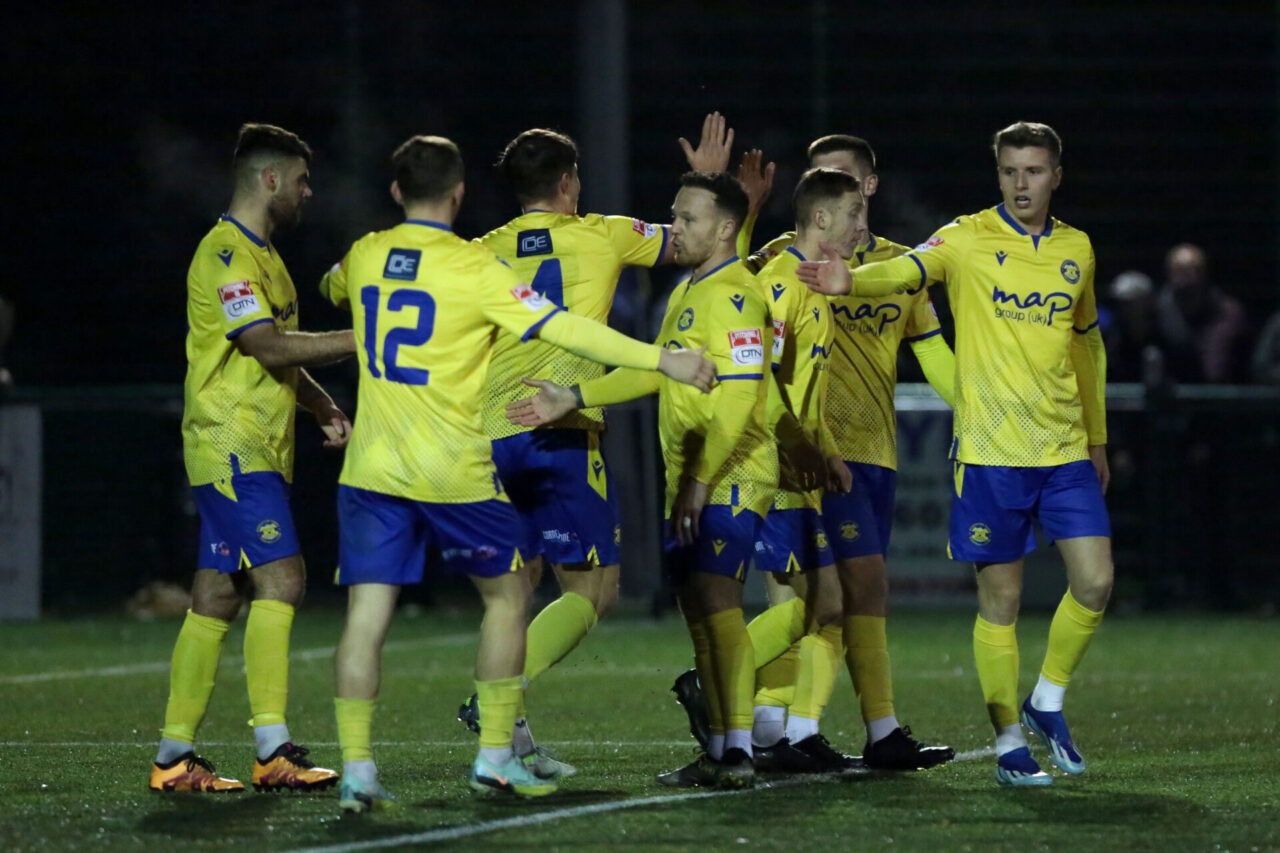 Stockton Celebrate the opening goal During the Durham Challenge Cup second round between Stockton Town FC and Gateshead FC played at the Map Group UK Stadium Bishopton road West Stockton on Tees ©Harry Cook
