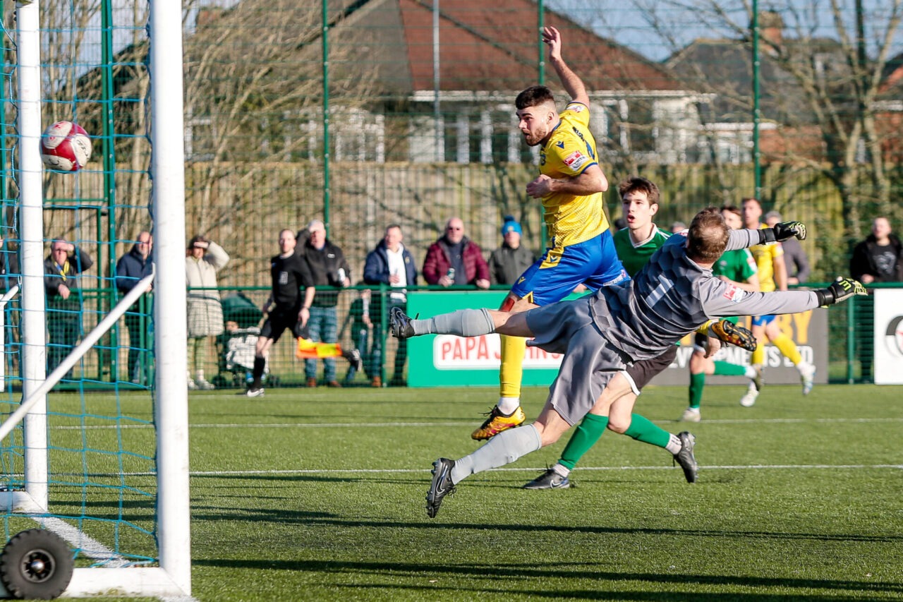 Michael Fowler of Stockton Town heads home the opening goal in the 2-0 win During the pitching in Northern Premier League East match between Stockton Town FC and Ashiongton FC Played at the Map Group UK Arene Bishopton road west Stockton 
©Harold Cook